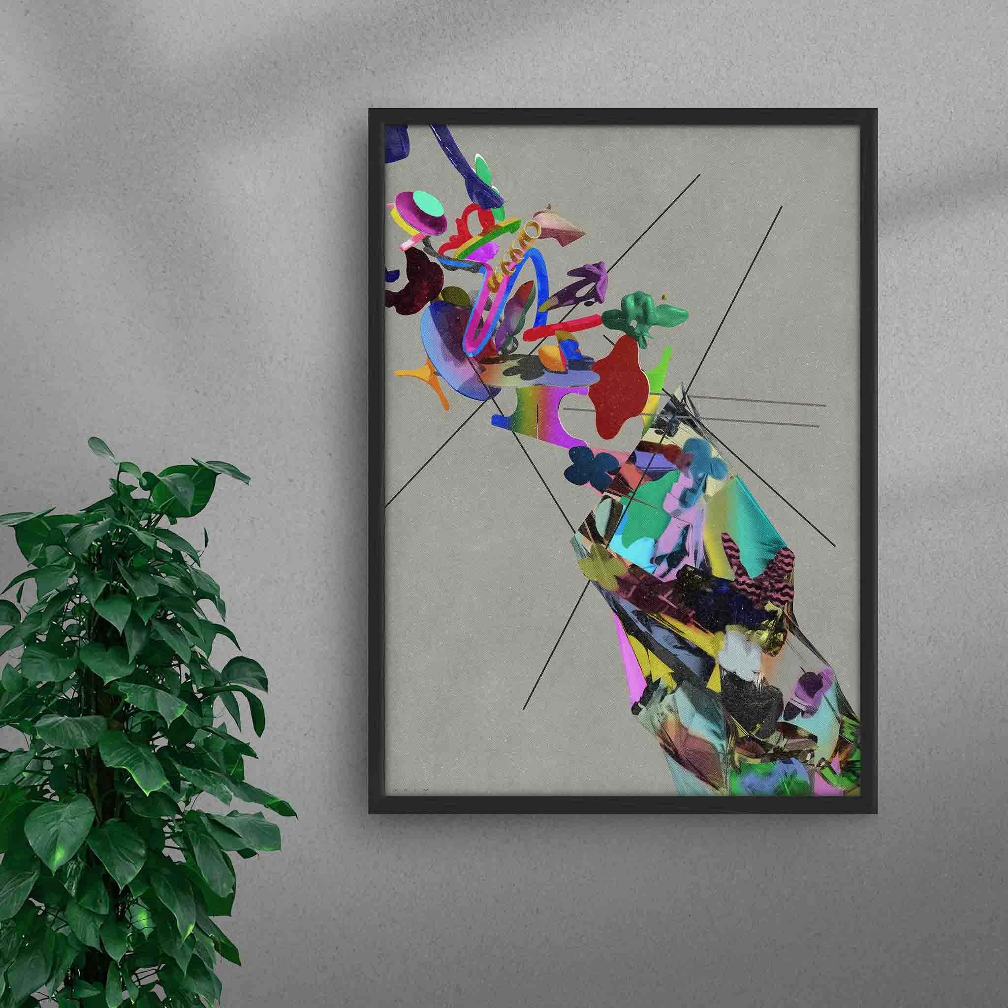 Framed Euphoria Unveiled abstract art print by Amine Naim, a contemporary artwork featuring a vibrant mix of floating geometric and organic shapes against a textured neutral background, in a black frame