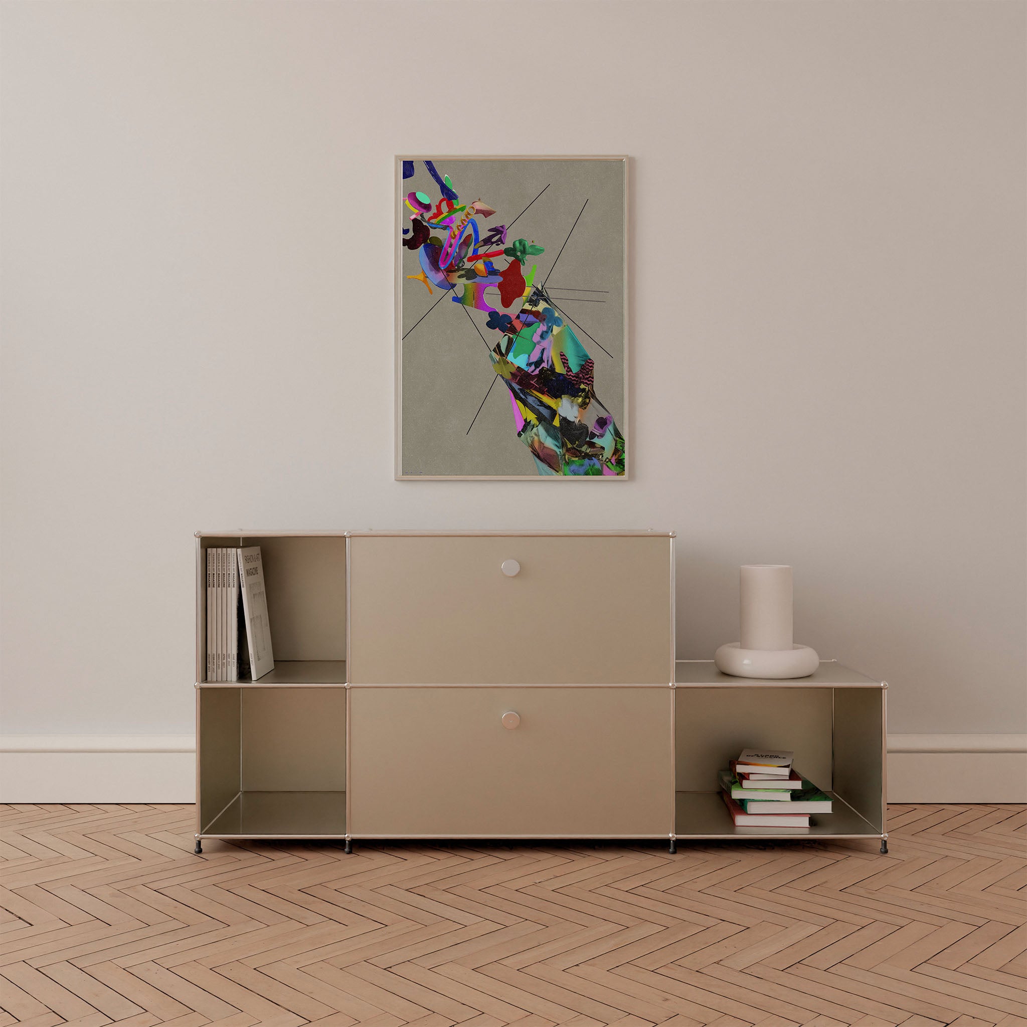 Framed Euphoria Unveiled abstract art print by Amine Naim, a contemporary artwork featuring a vibrant mix of floating geometric and organic shapes against a textured neutral background, displayed in a modern interior setting