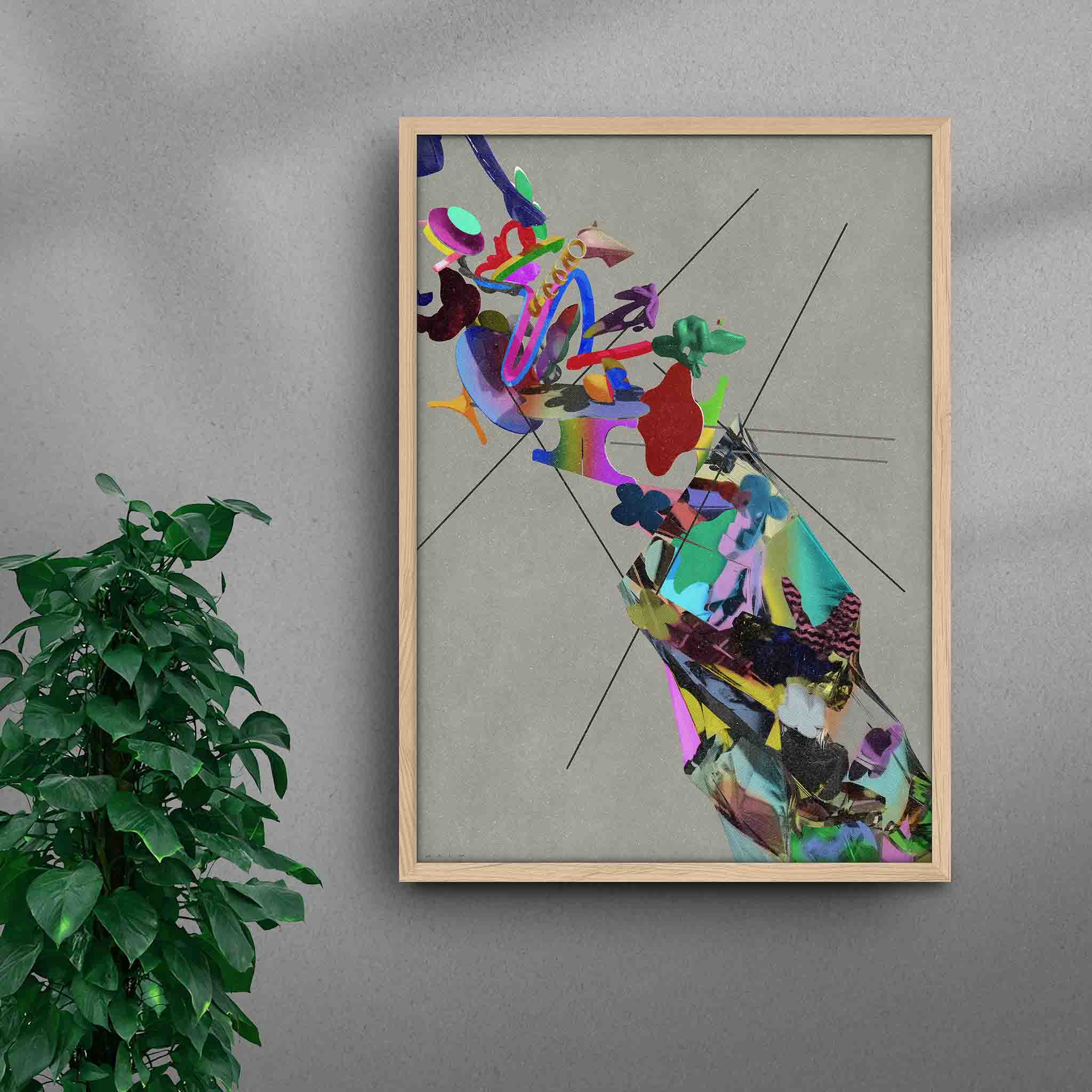 Framed Euphoria Unveiled abstract art print by Amine Naim, a contemporary artwork featuring a vibrant mix of floating geometric and organic shapes against a textured neutral background, in a natural wood frame