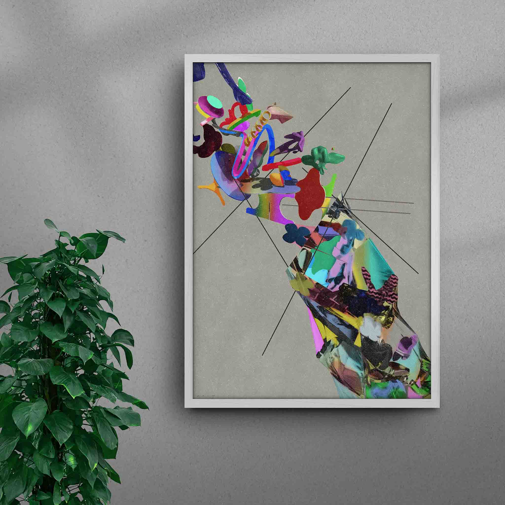 Framed Euphoria Unveiled abstract art print by Amine Naim, a contemporary artwork featuring a vibrant mix of floating geometric and organic shapes against a textured neutral background, in a white frame