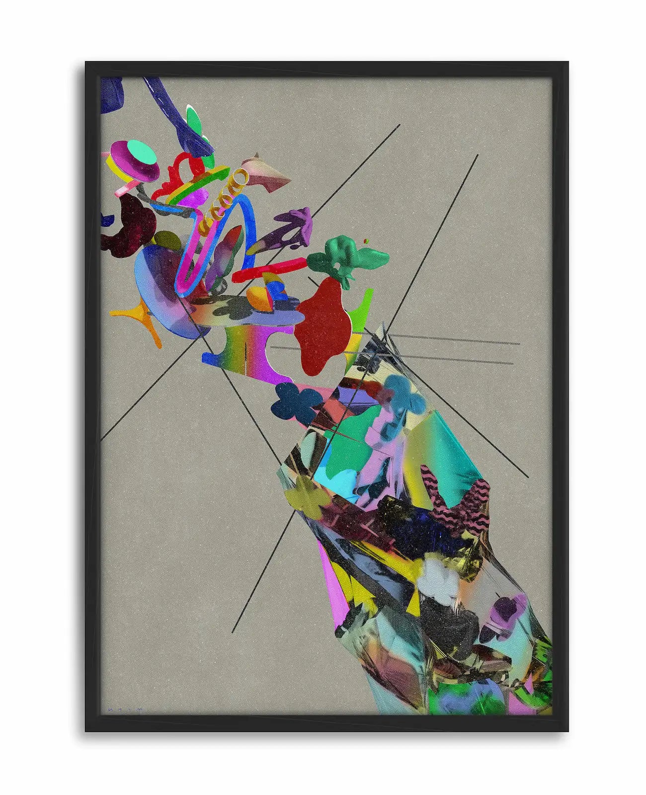 Euphoria Unveiled by Amine Naim, a contemporary abstract art print featuring a dynamic composition of vibrant, floating shapes and intersecting lines on a textured neutral background, blending digital and organic elements in a striking visual explosion