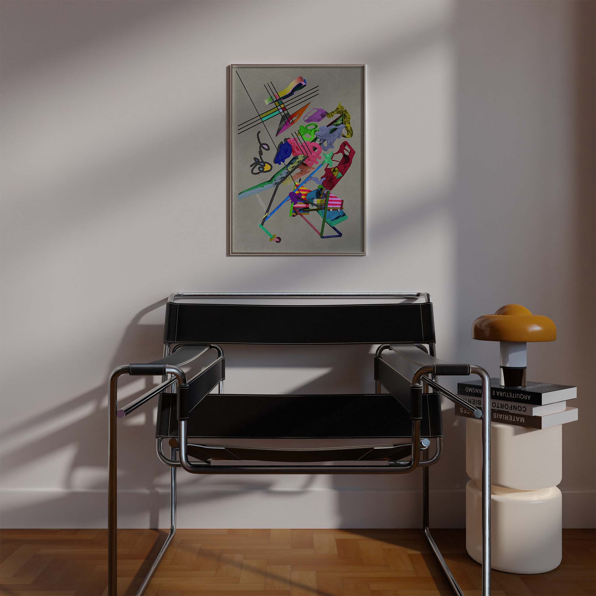 Framed Euphoric Rebirth abstract art print by Amine Naim, a contemporary artwork featuring an intricate composition of floating geometric and organic shapes against a textured neutral background, displayed in a modern interior setting