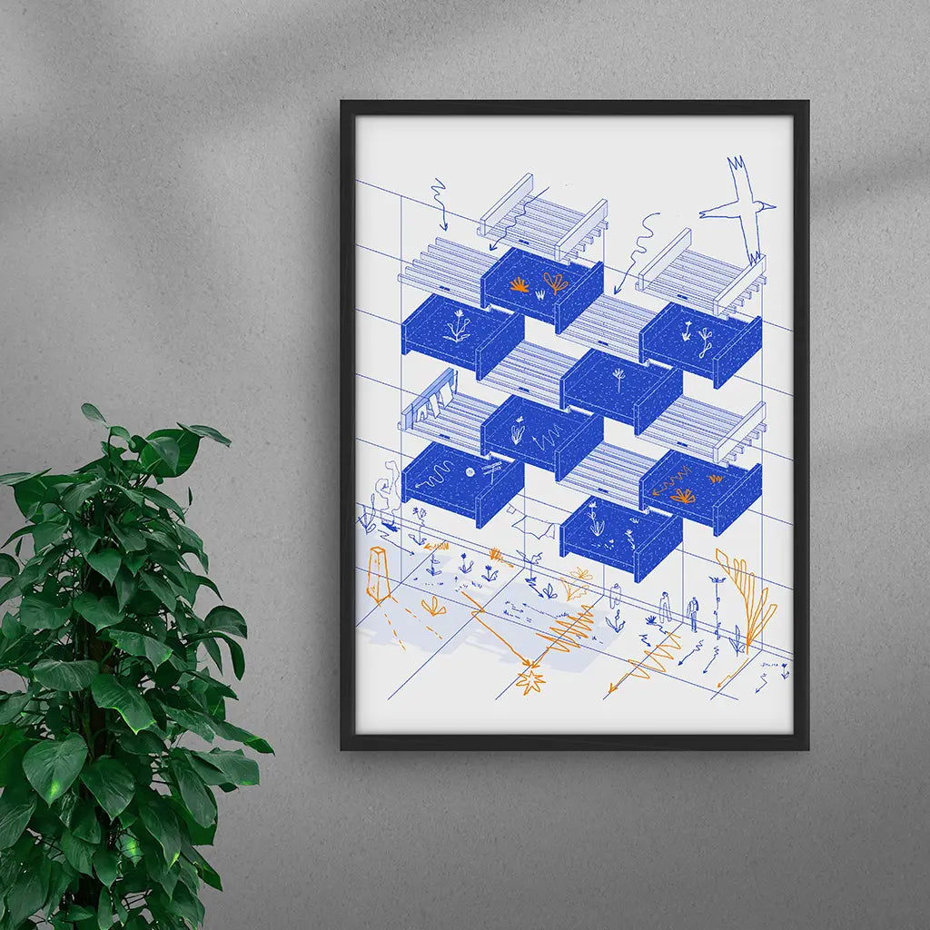 Framed Brutalist Harmony Blue art print by Oussama Ouardassi, a contemporary Moroccan architectural artwork inspired by Moroccan Brutalist architecture, featuring the geometric balconies of a 1970s residential building in Rabat, Morocco, with deep blue architectural elements, in a black frame