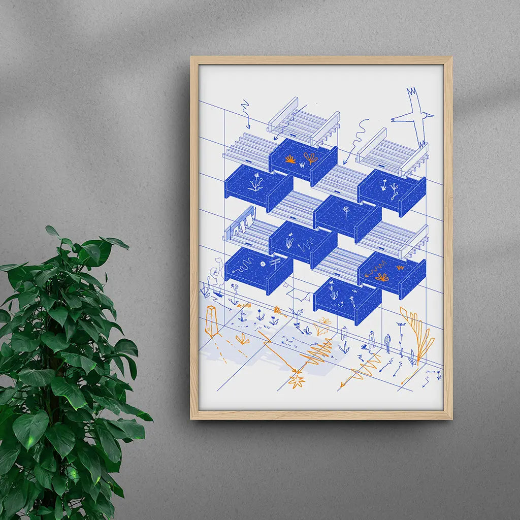 Framed Brutalist Harmony Blue art print by Oussama Ouardassi, a contemporary Moroccan architectural artwork inspired by Moroccan Brutalist architecture, featuring the geometric balconies of a 1970s residential building in Rabat, Morocco, with deep blue architectural elements, in a natural wood frame