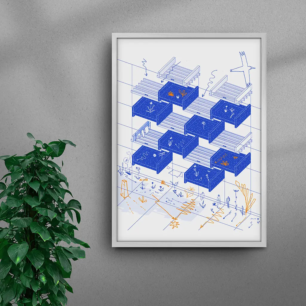 Framed Brutalist Harmony Blue art print by Oussama Ouardassi, a contemporary Moroccan architectural artwork inspired by Moroccan Brutalist architecture, featuring the geometric balconies of a 1970s residential building in Rabat, Morocco, with deep blue architectural elements, in a white frame