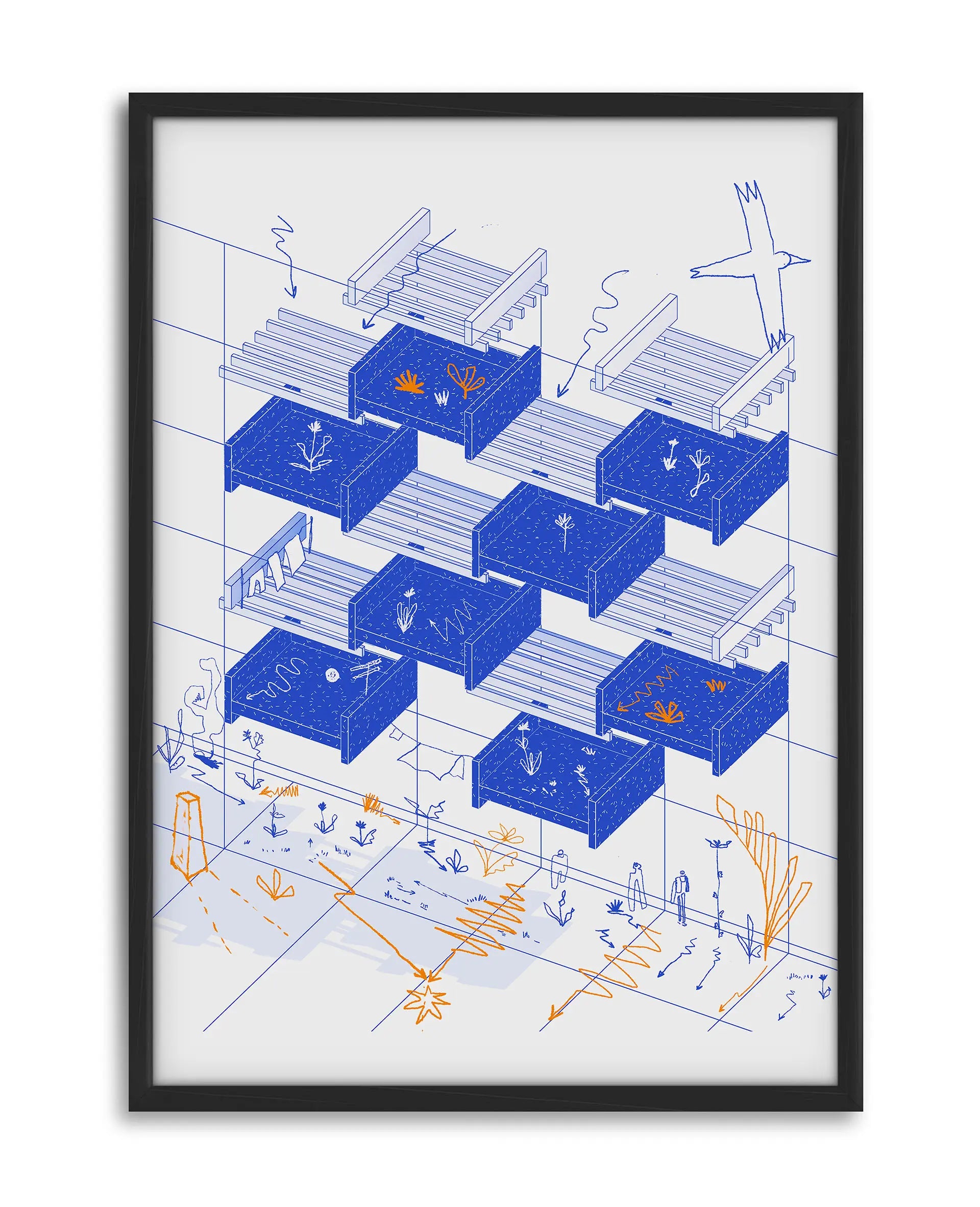 Brutalist Harmony Blue by Oussama Ouardassi, a contemporary Moroccan architectural art print inspired by Moroccan Brutalist architecture, showcasing the geometric balconies of a 1970s residential building in Rabat, Morocco, designed by Abdeslem Faraoui and Patrice de Mazières, illustrated in an axonometric perspective with a white background and deep blue architectural elements