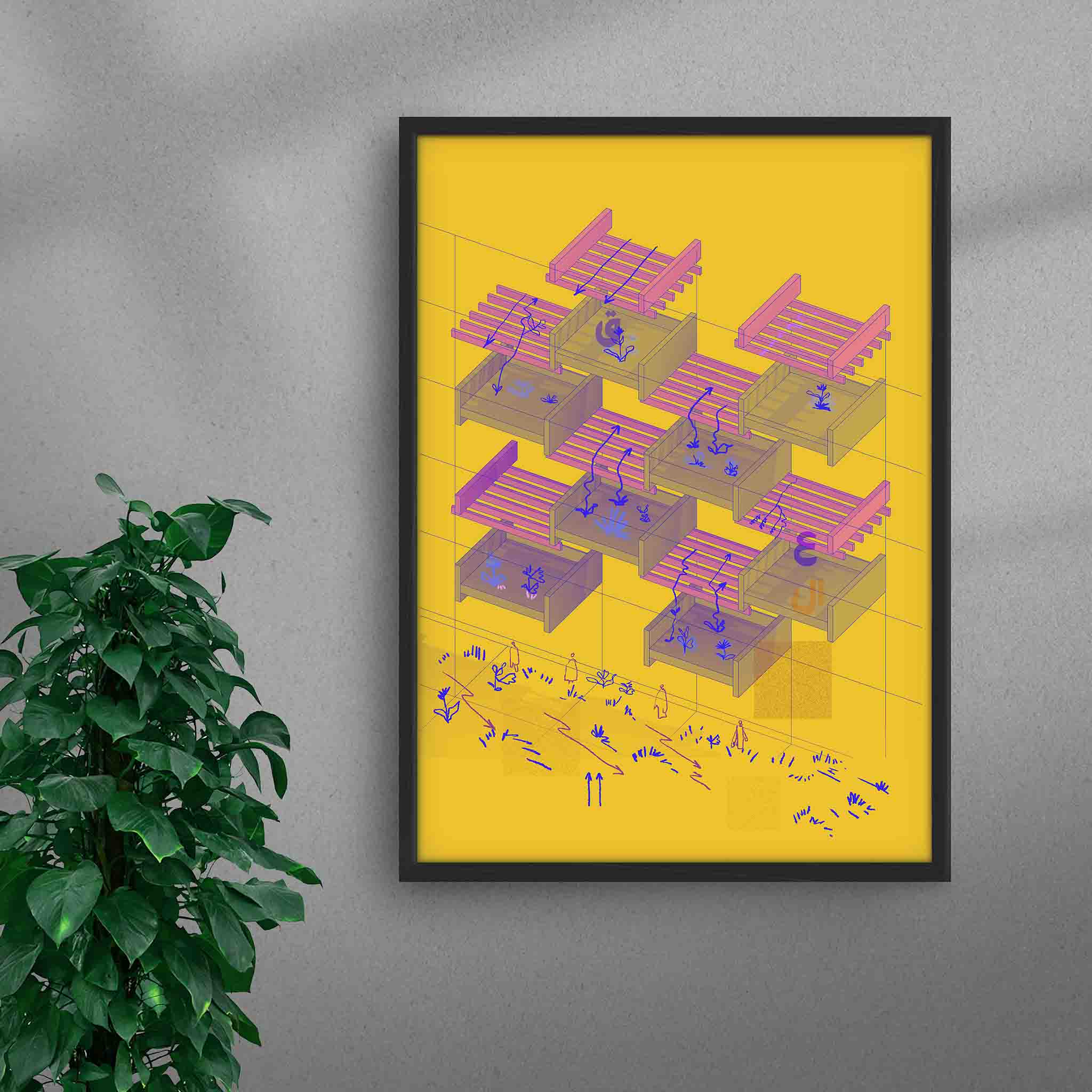 Framed Brutalist Harmony Yellow art print by Oussama Ouardassi, a contemporary Moroccan architectural artwork inspired by Moroccan Brutalist architecture, featuring the geometric balconies of a 1970s residential building in Rabat, Morocco, with a vibrant yellow background, in a black frame