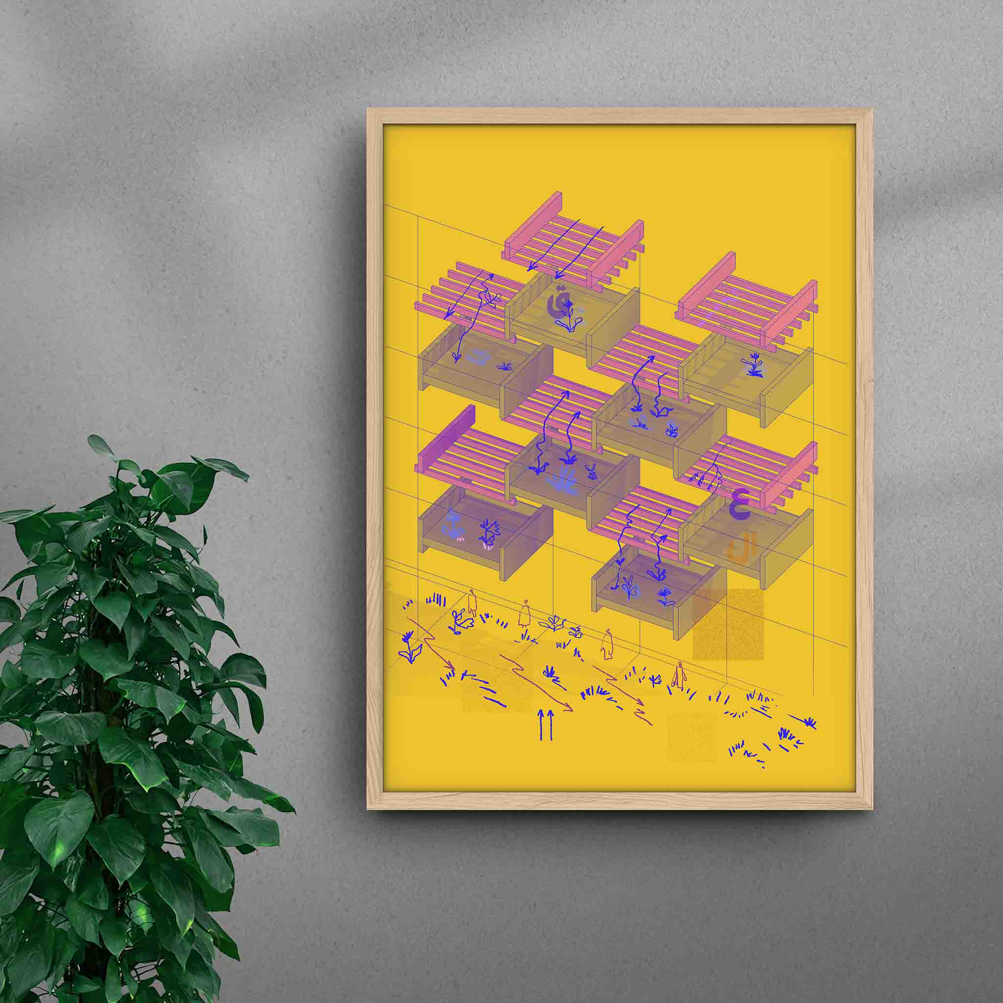 Framed Brutalist Harmony Yellow art print by Oussama Ouardassi, a contemporary Moroccan architectural artwork inspired by Moroccan Brutalist architecture, featuring the geometric balconies of a 1970s residential building in Rabat, Morocco, with a vibrant yellow background, in a natural wood frame