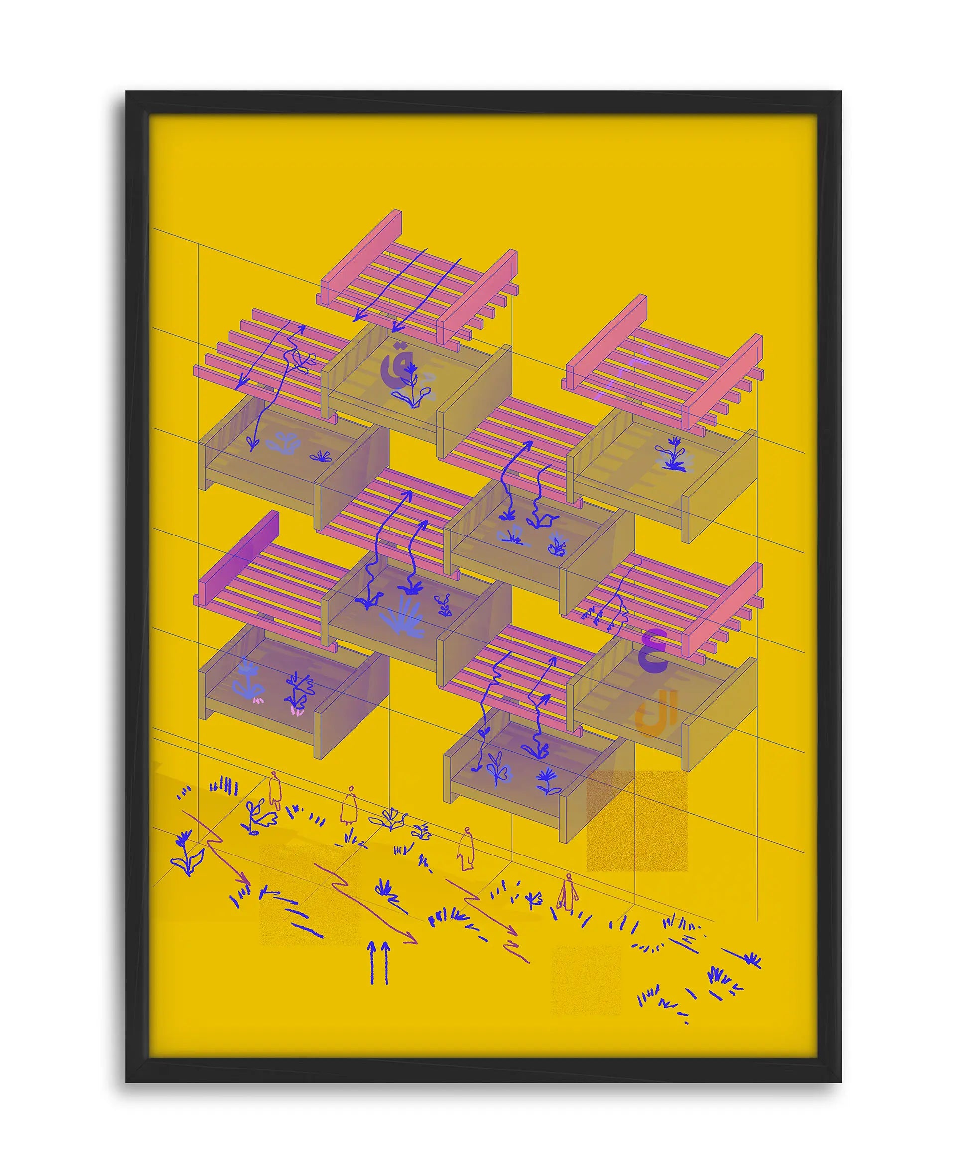 Brutalist Harmony Yellow by Oussama Ouardassi, a contemporary Moroccan architectural art print inspired by Moroccan Brutalist architecture, showcasing the geometric balconies of a 1970s residential building in Rabat, Morocco, designed by Abdeslem Faraoui and Patrice de Mazières, illustrated in an axonometric perspective with a vibrant yellow background