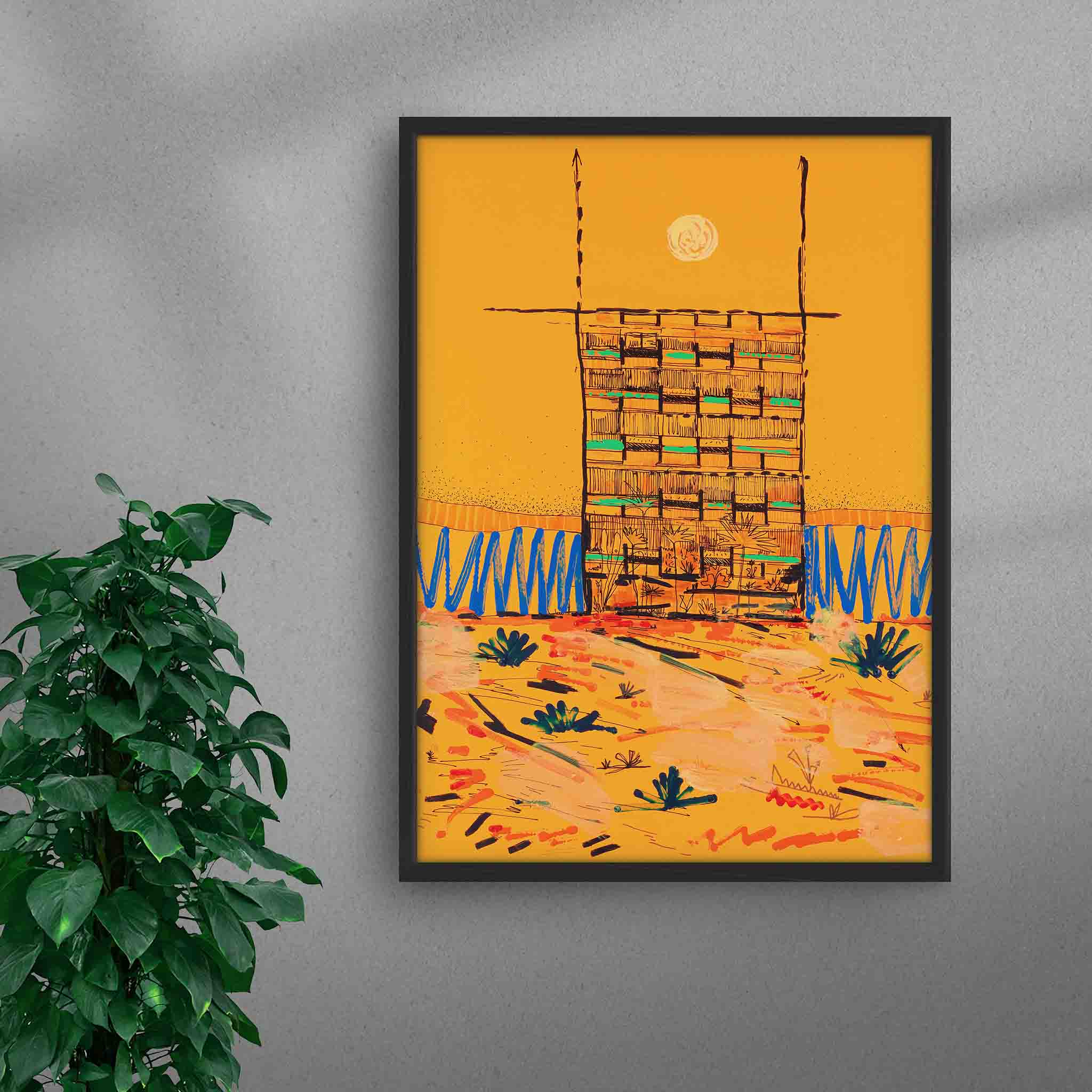 Framed Vibrant Monolith art print by Oussama Ouardassi, a contemporary Moroccan architectural artwork featuring a striking brutalist structure standing within a colorful abstract landscape, highlighting the relationship between architecture and nature, in a black frame