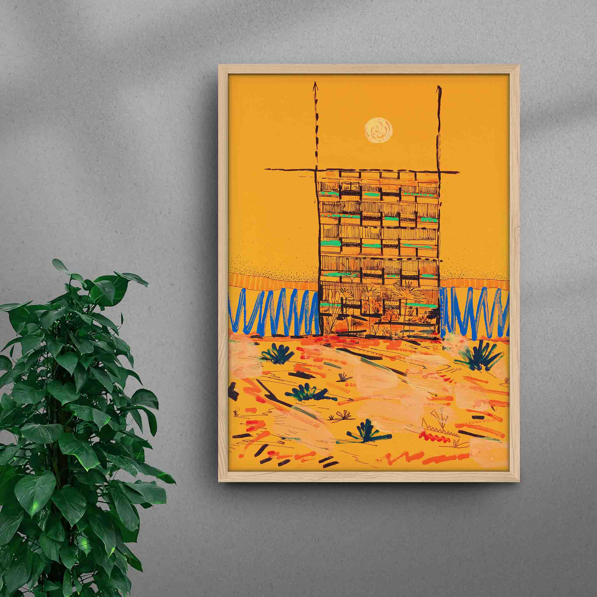 Framed Vibrant Monolith art print by Oussama Ouardassi, a contemporary Moroccan architectural artwork featuring a striking brutalist structure standing within a colorful abstract landscape, highlighting the relationship between architecture and nature, in a natural wood frame