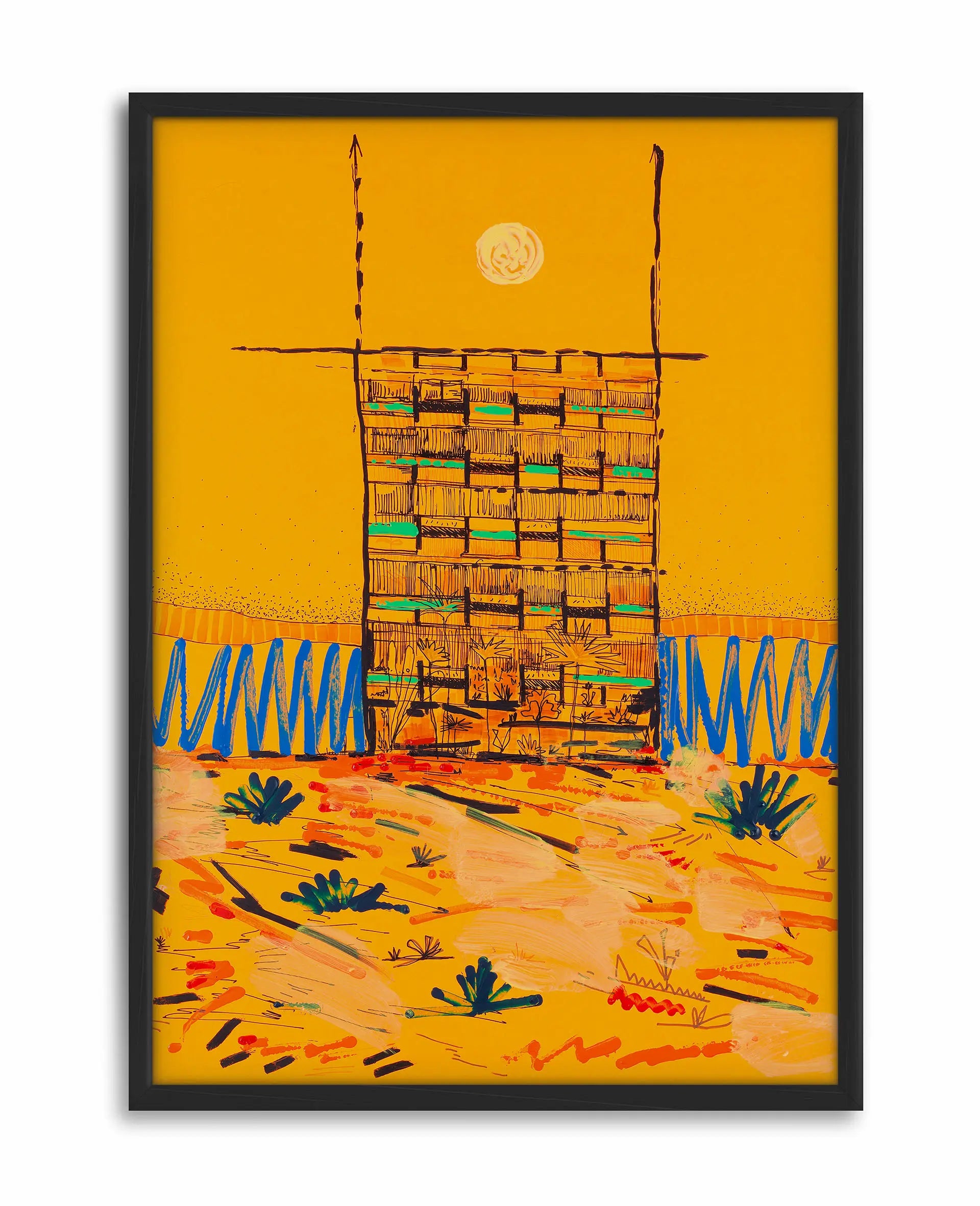 Vibrant Monolith by Oussama Ouardassi, a contemporary Moroccan architectural art print featuring a striking brutalist structure standing within a bright orange and colorful abstract landscape. The artwork emphasizes the harmony between bold concrete forms and vibrant natural surroundings, reflecting the enduring presence of Moroccan Brutalist architecture in modern design