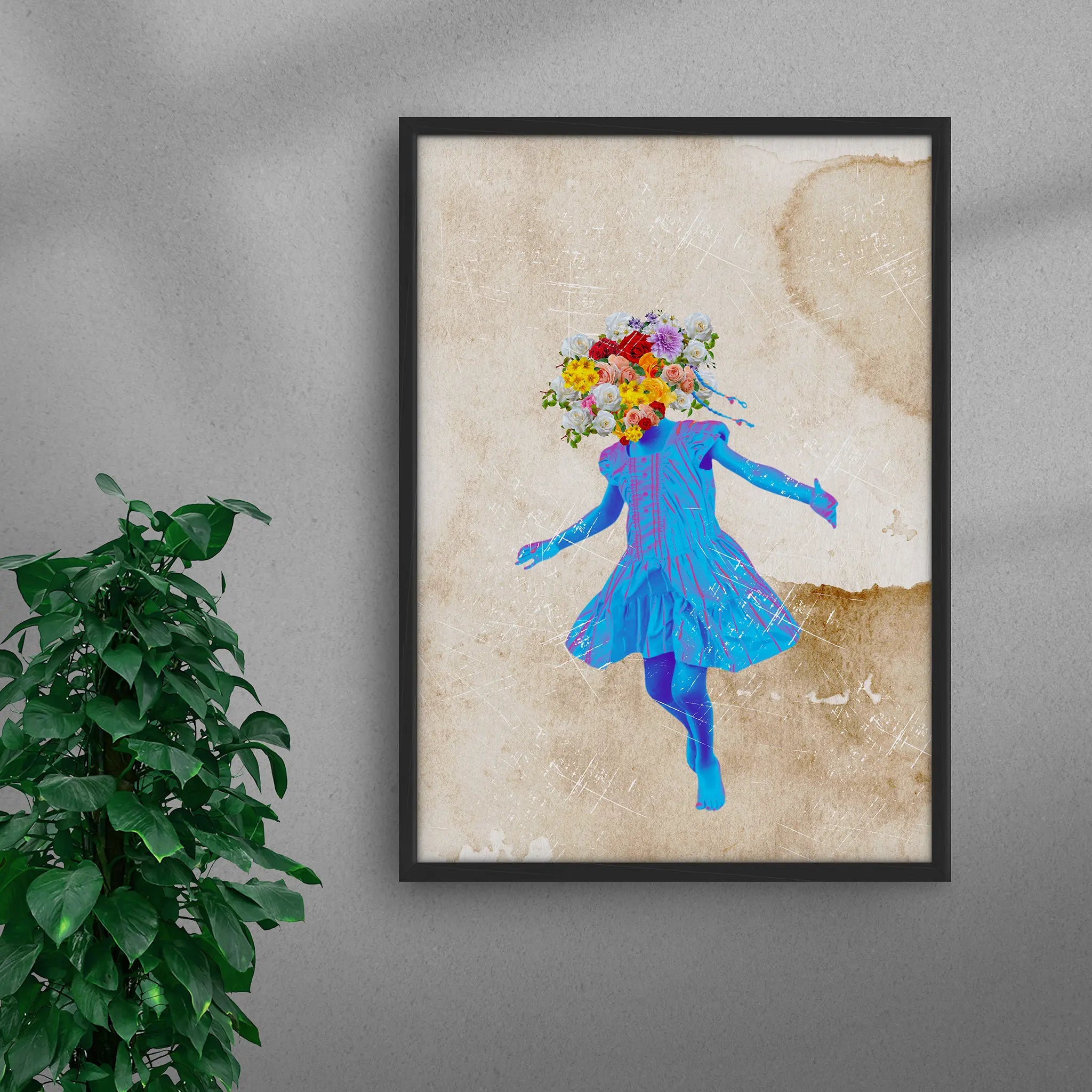 Framed Blue Essence African black art print by Solomon Okeuhie, a contemporary artwork featuring a joyful black girl dancing freely, symbolizing creativity and imagination, in a black frame