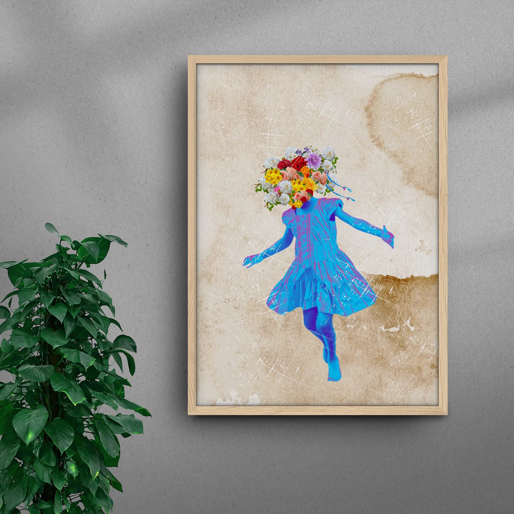 Framed Blue Essence African black art print by Solomon Okeuhie, a contemporary artwork featuring a joyful black girl dancing freely, symbolizing creativity and imagination, in a natural wood frame