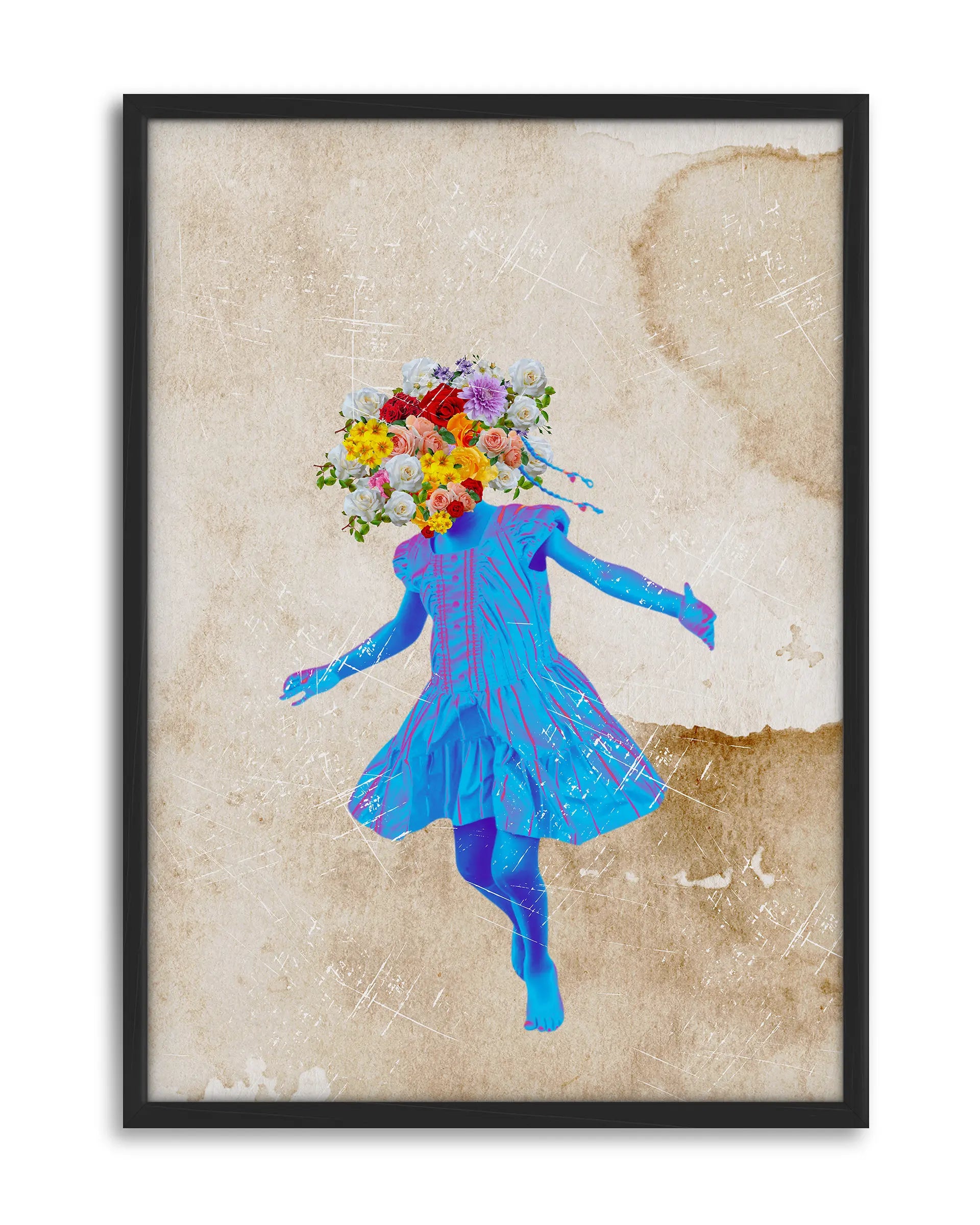 Blue Essence by Solomon Okeuhie, a contemporary African black art print portraying a joyful black girl in motion, symbolizing innocence, creativity, and boundless imagination. The figure, drenched in ethereal blue hues, dances freely, with a floral head replacing traditional identity, set against a textured, aged background