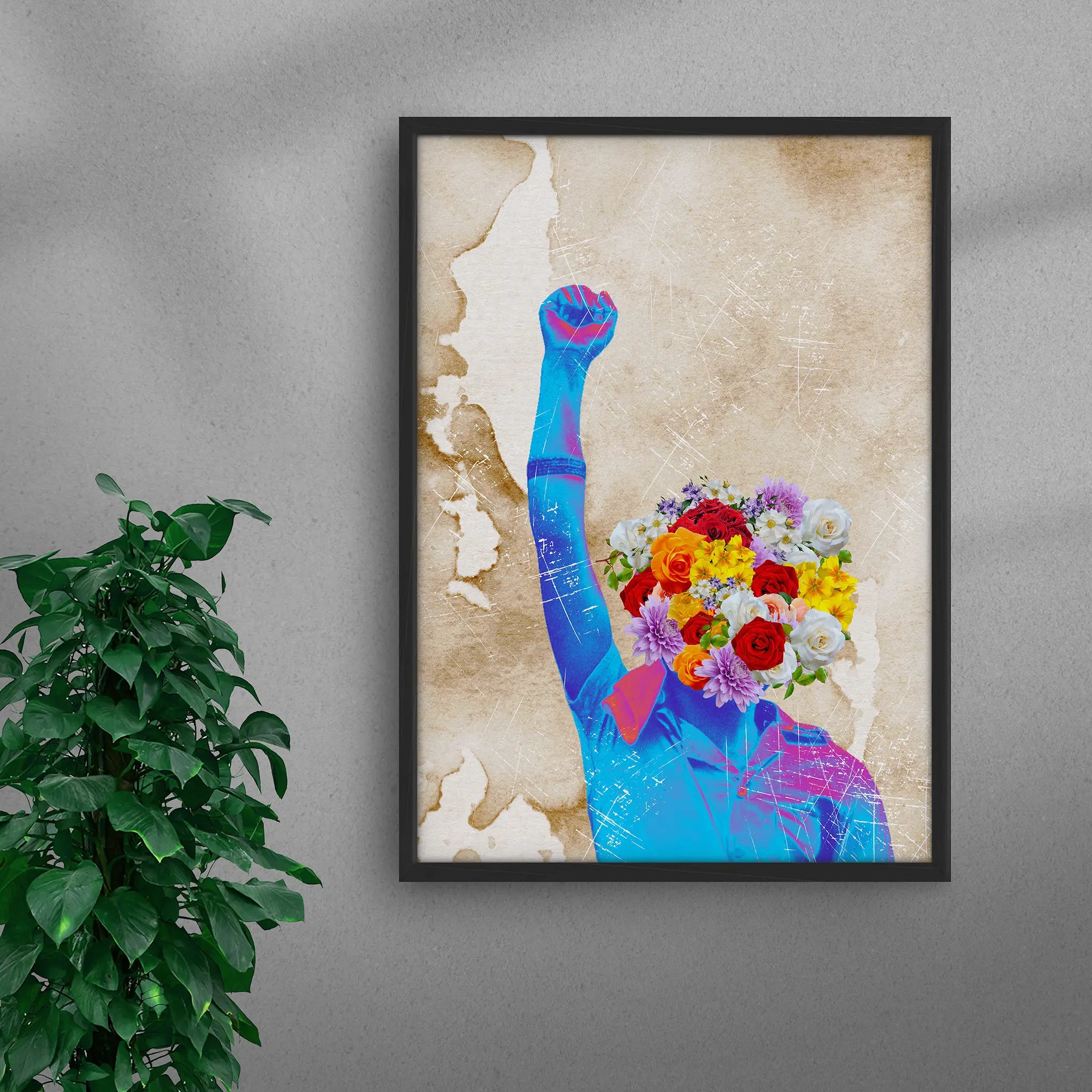 Framed Boundless African black art print by Solomon Okeuhie, a contemporary artwork featuring a black child with a raised fist, symbolizing resilience and creativity, in a black frame