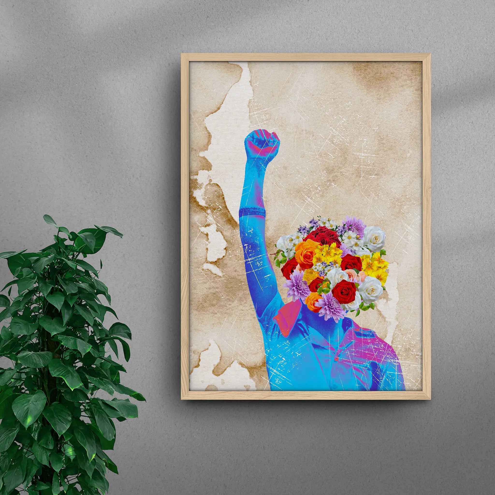 Framed Boundless African black art print by Solomon Okeuhie, a contemporary artwork featuring a black child with a raised fist, symbolizing resilience and creativity, in a natural wood frame