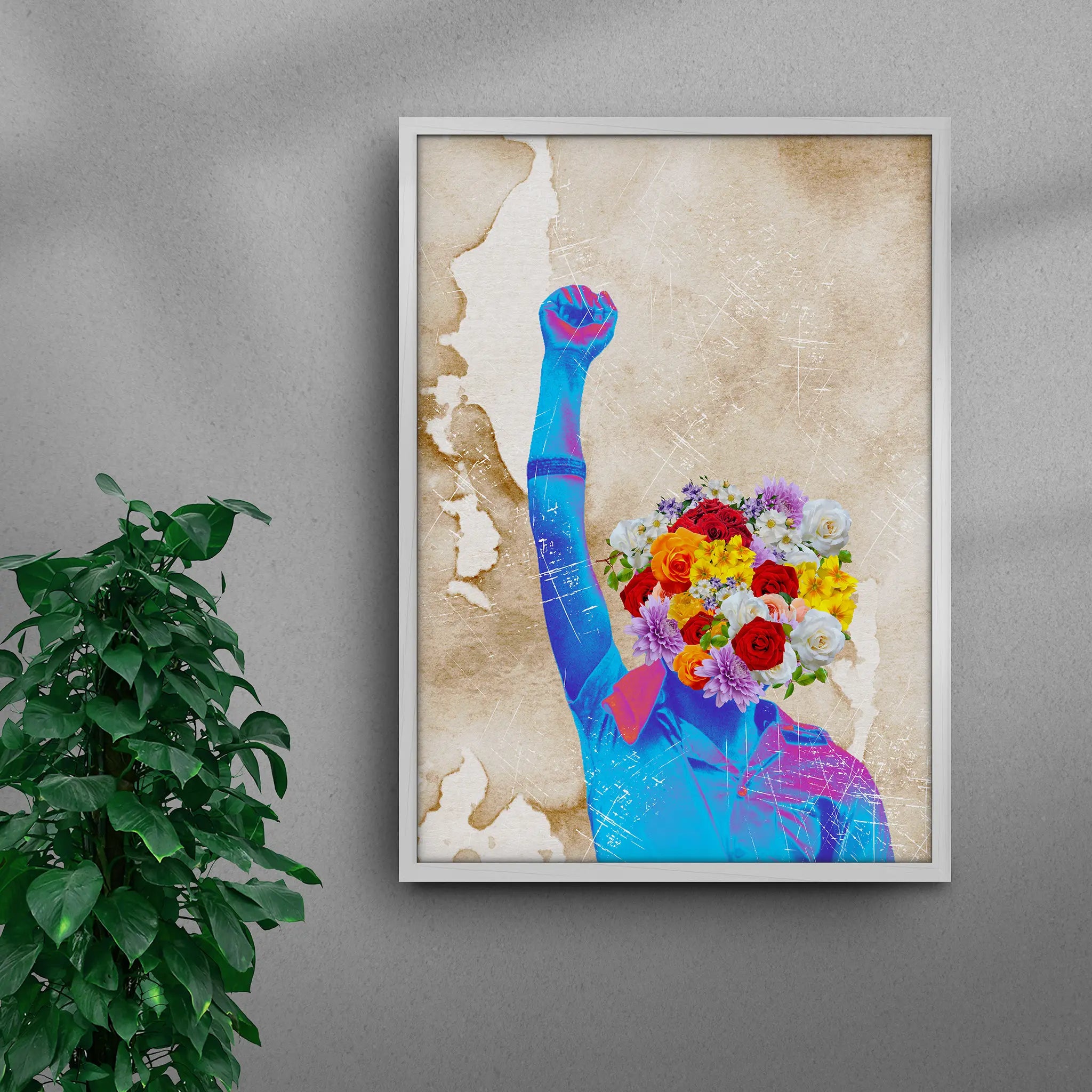 Framed Boundless African black art print by Solomon Okeuhie, a contemporary artwork featuring a black child with a raised fist, symbolizing resilience and creativity, in a white frame