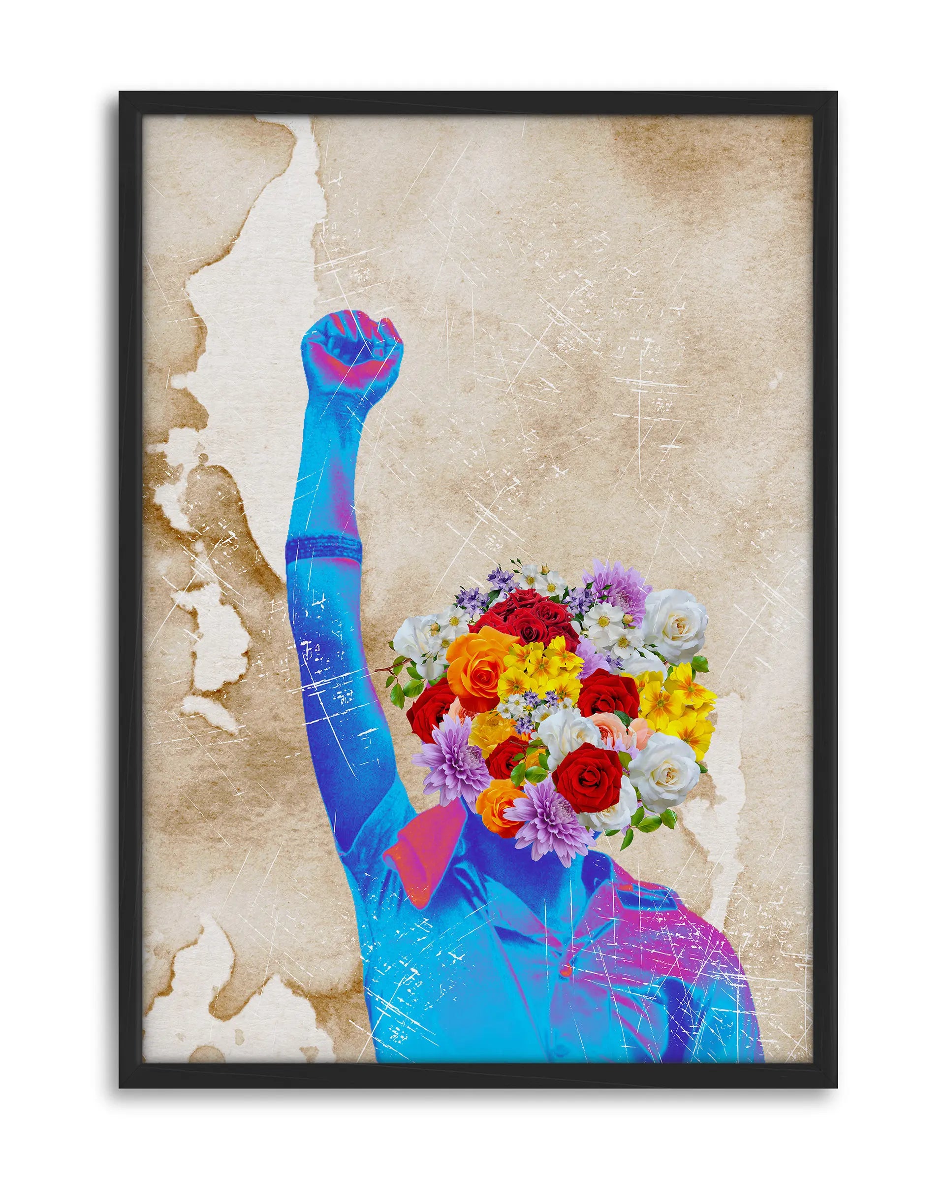 Boundless by Solomon Okeuhie, a contemporary African black art print reflecting resilience and hope. The artwork features a black child with a raised fist, symbolizing strength and determination, while blooming flowers replace the head, representing creativity and growth, set against a textured, aged background