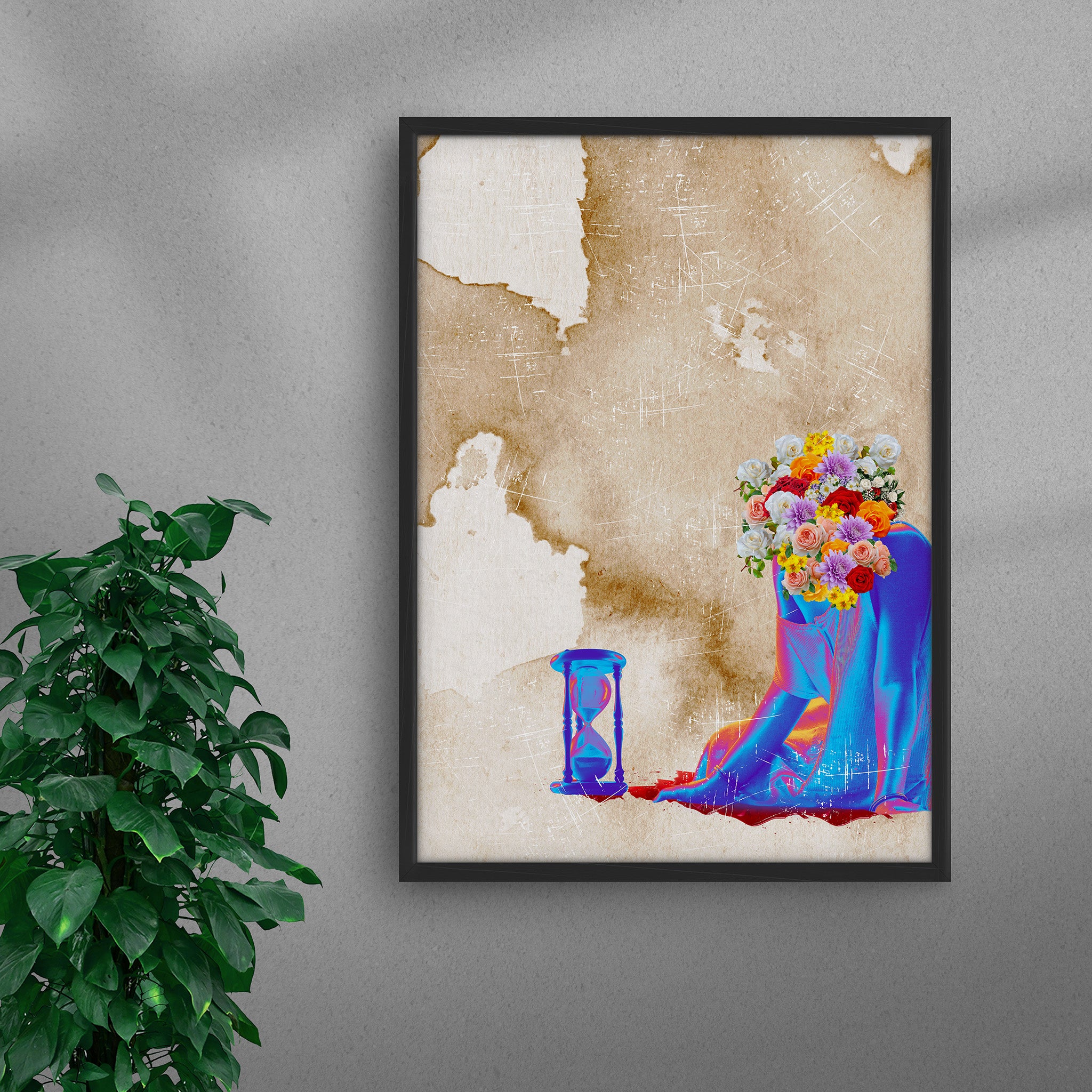 Framed When Roses Start to Bleed African black art print by Solomon Okeuhie, a contemporary artwork depicting blooming roses emerging from a black girl, symbolizing transition and transformation, in a black frame