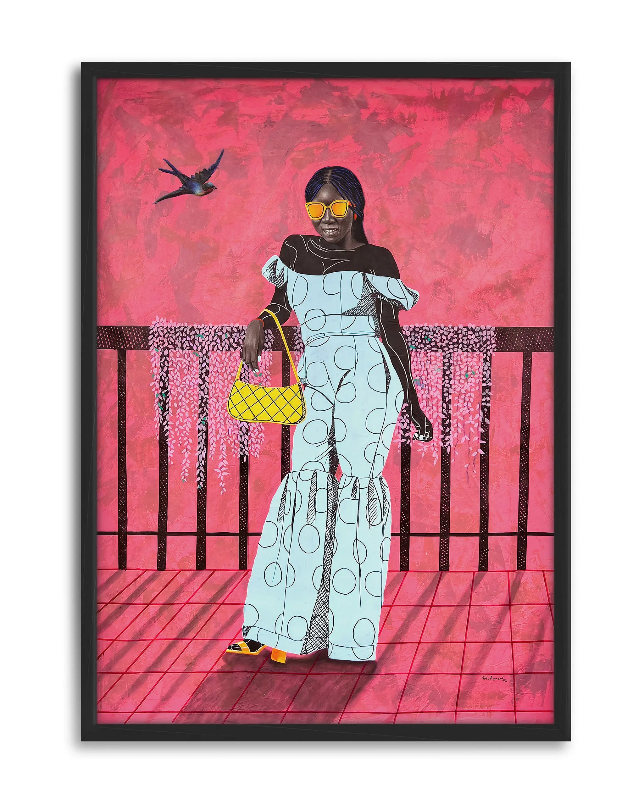 A La Mode 1 by Tolu Raymond, a contemporary African art print featuring an African lady in an elegant blue outfit with a bold pink backdrop, striking sunglasses, and a yellow handbag, a striking black art print for sale and a standout among black art collections