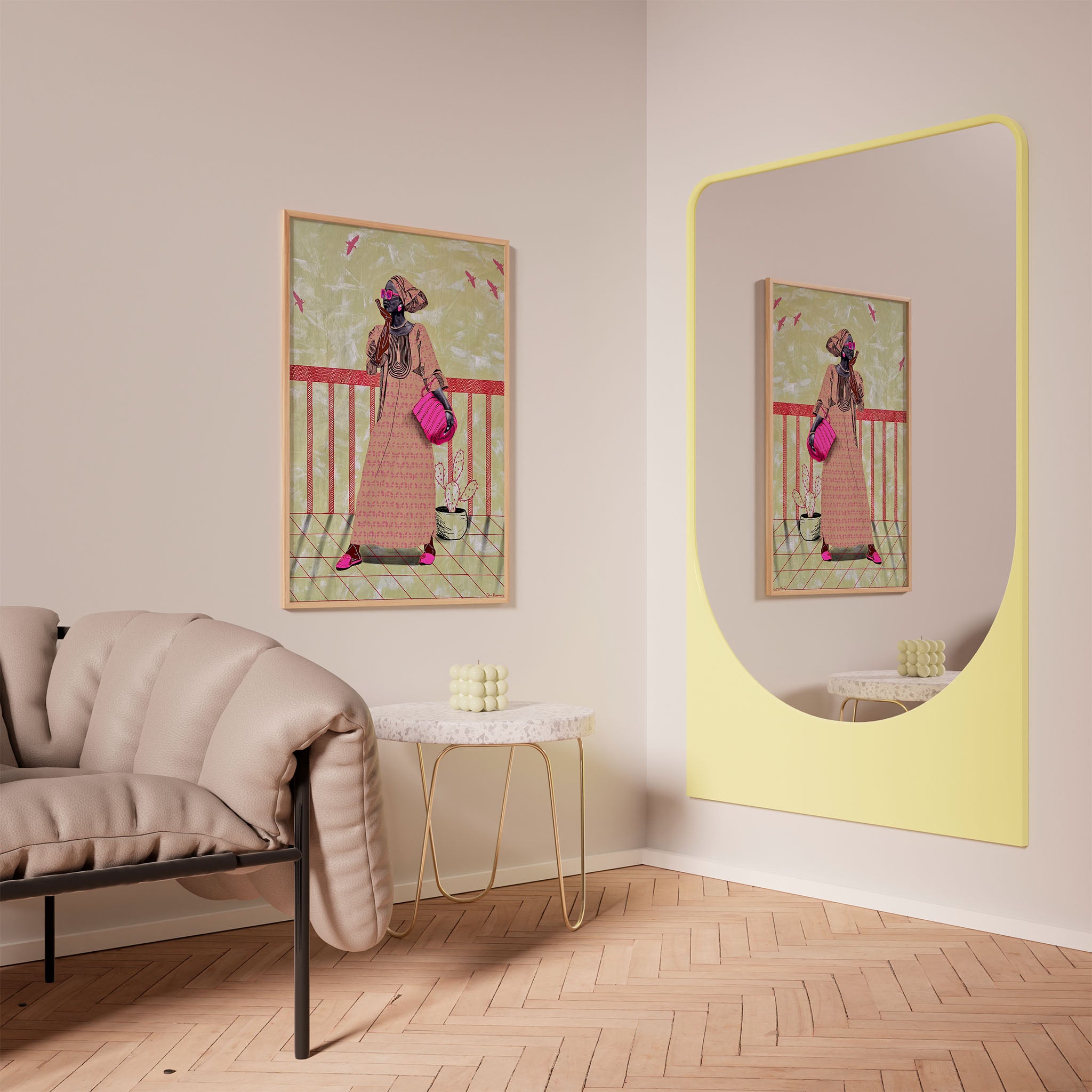 Framed A La Mode 3 black art print by Tolu Raymond, a contemporary African artwork featuring an African lady in a traditional beige dress with pink accessories, standing against a muted green background with abstract textures and red railing details, displayed in a modern interior setting