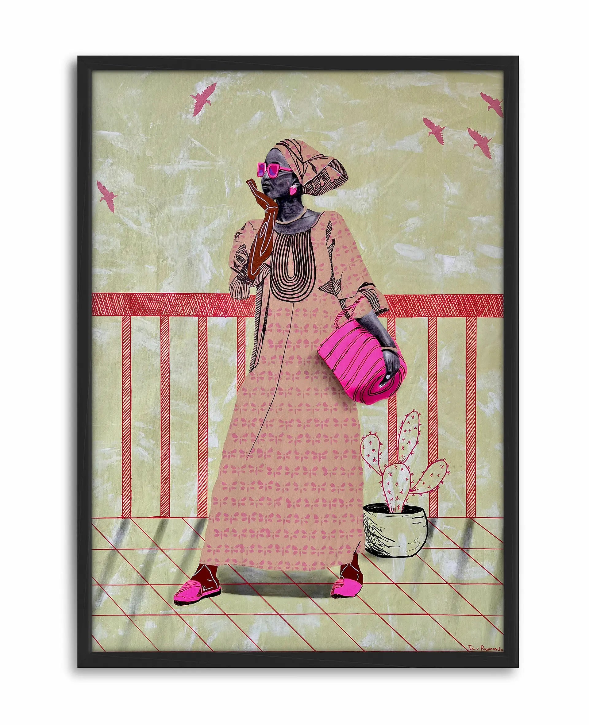 A La Mode 3 by Tolu Raymond, a contemporary African art print featuring an African lady in a traditional beige dress with pink accessories, standing against a muted green background with abstract textures and red railing details, a striking black art print for sale and a standout among black art collections