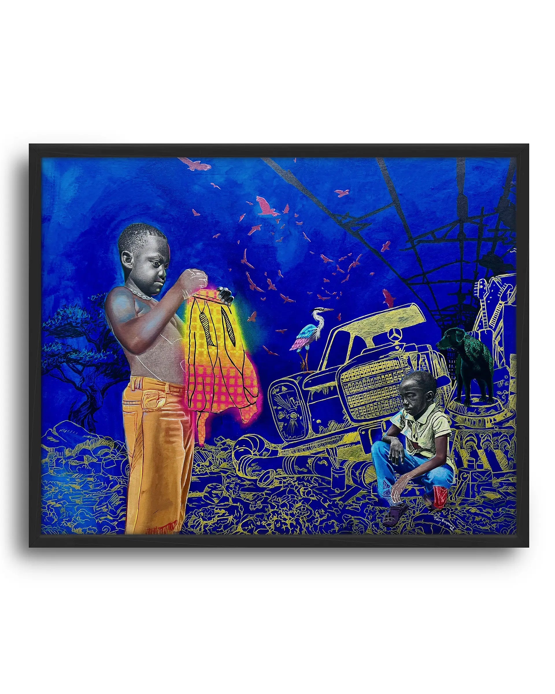 Gold Mine by Tolu Raymond, a contemporary African art print featuring two young African boys in a surreal junkyard scene with a deep blue background, golden yellow mechanical elements, and a glowing red and yellow cloth, a striking black art print for sale and a standout among black art collections