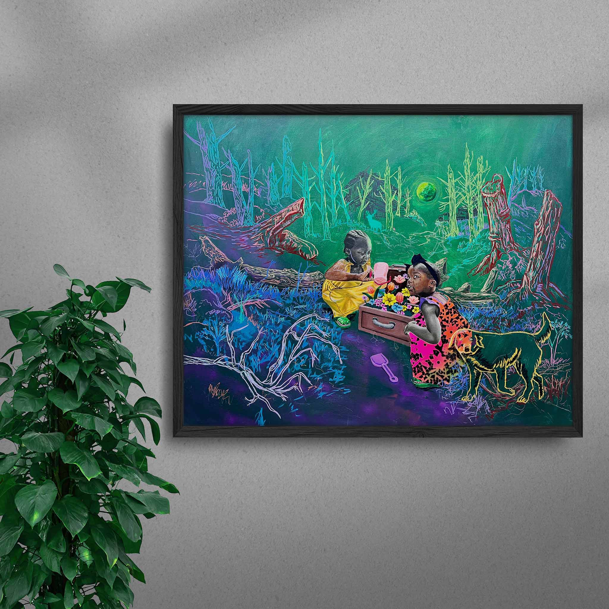 Framed Treasure Box black art print by Tolu Raymond, a contemporary African artwork featuring two young African girls playing with a suitcase full of colorful flowers in a surreal forest setting with neon green trees, a glowing green moon, and a golden-outlined dog, in a black frame