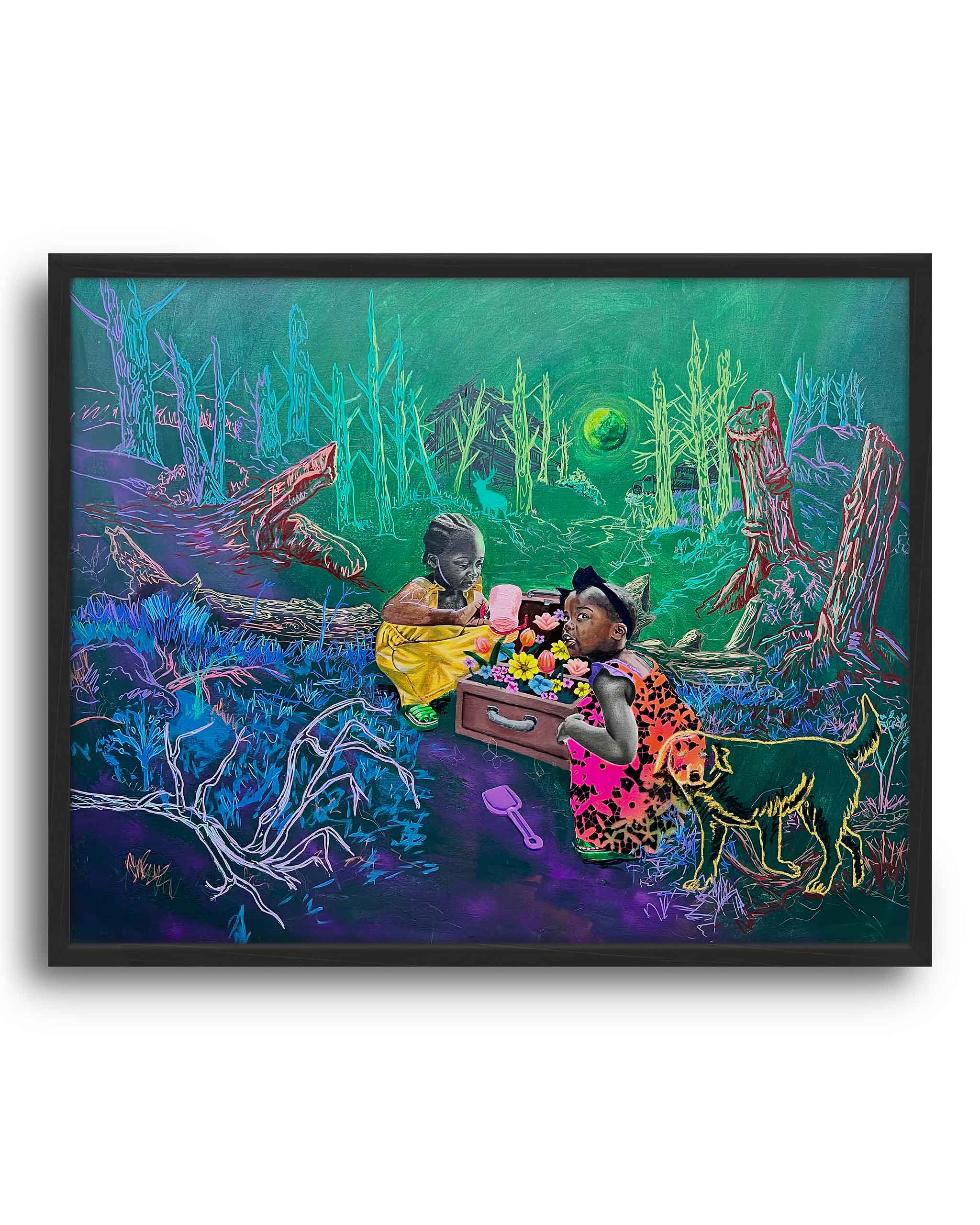 Treasure Box by Tolu Raymond, a contemporary African art print featuring two young African girls playing with a suitcase full of colorful flowers in a surreal forest setting with neon green trees, a glowing green moon, and a golden-outlined dog, a striking black art print for sale and a standout among black art collections